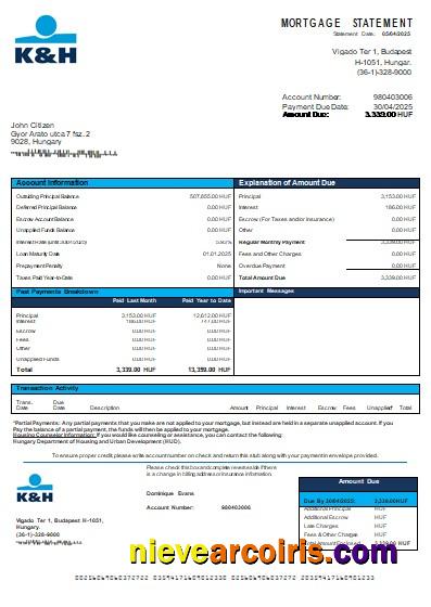 Hungary K&H Bank bank mortgage statement